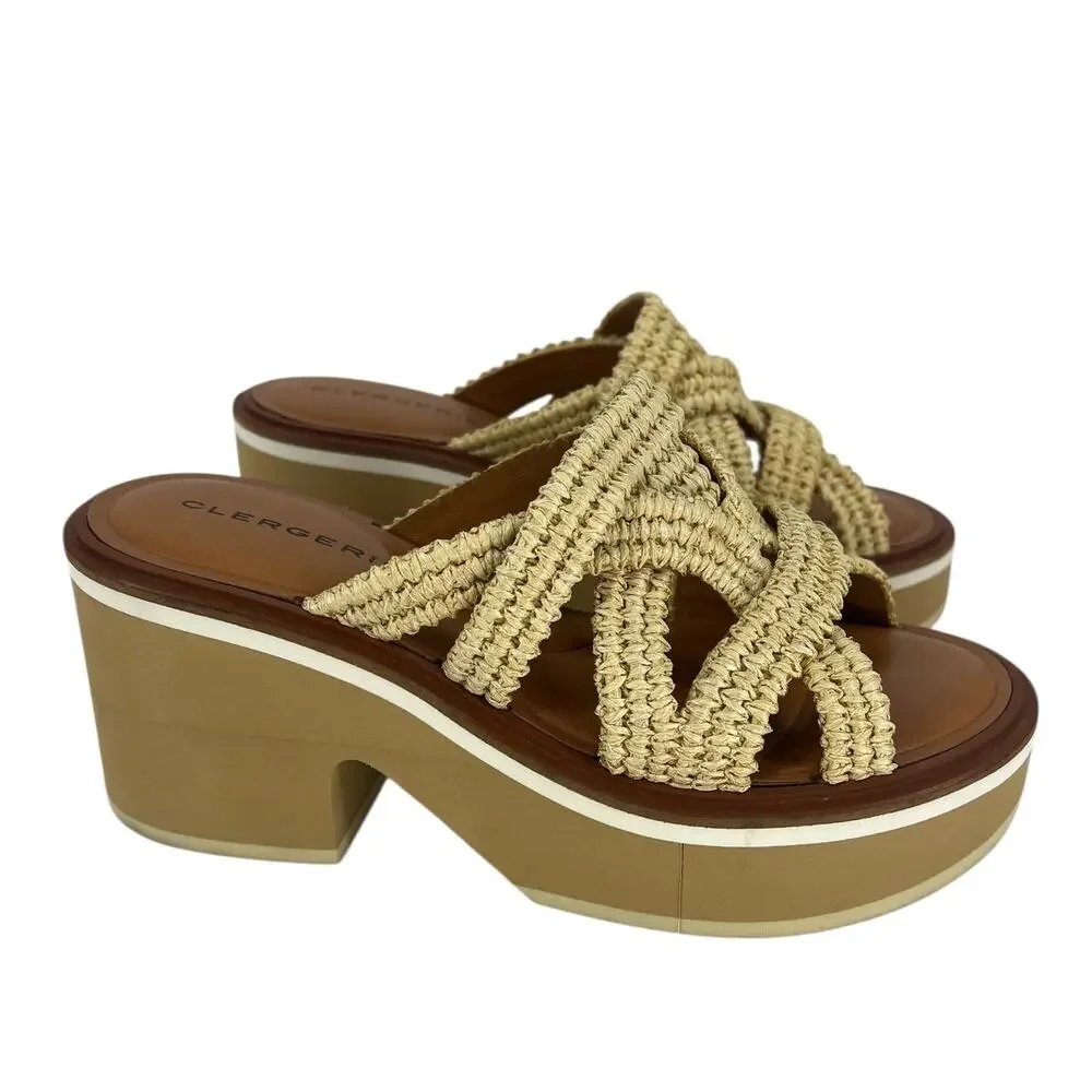 Clergerie Chermy Raffia Platform Mules Beige Natural Size 36